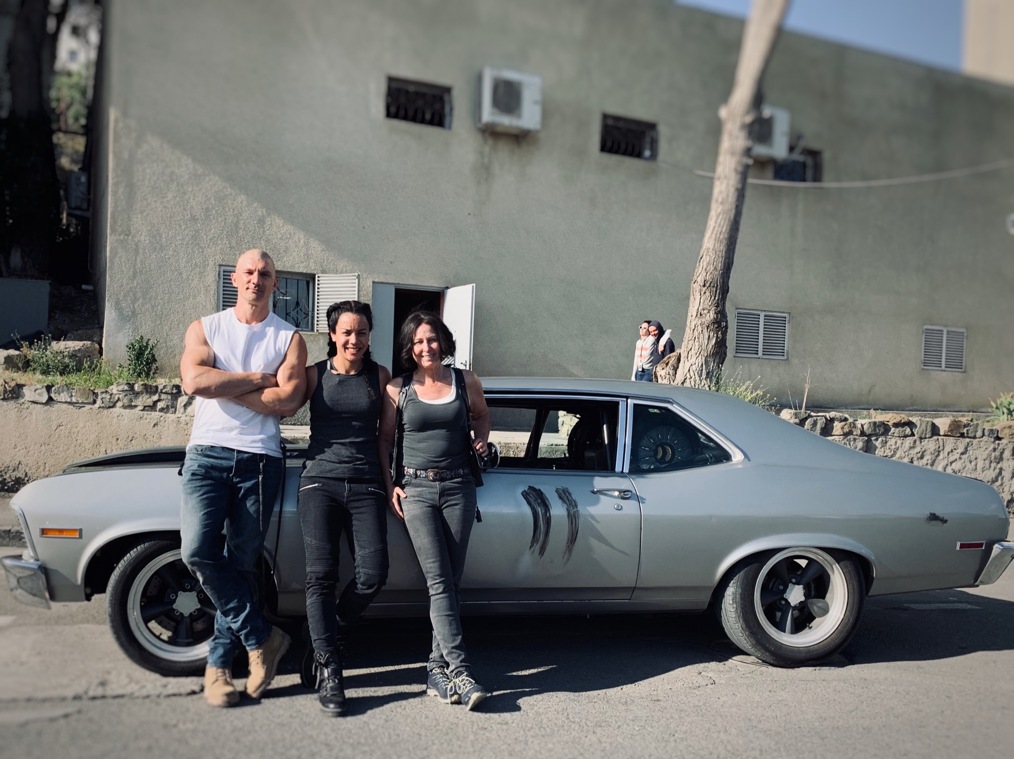 Reon van der Watt with the stunt team on location