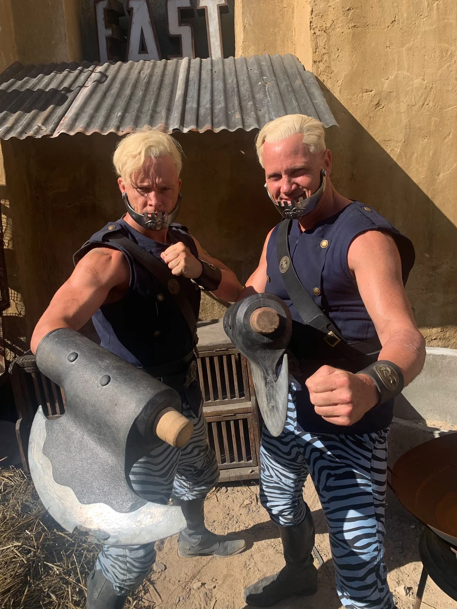 On set, in costume